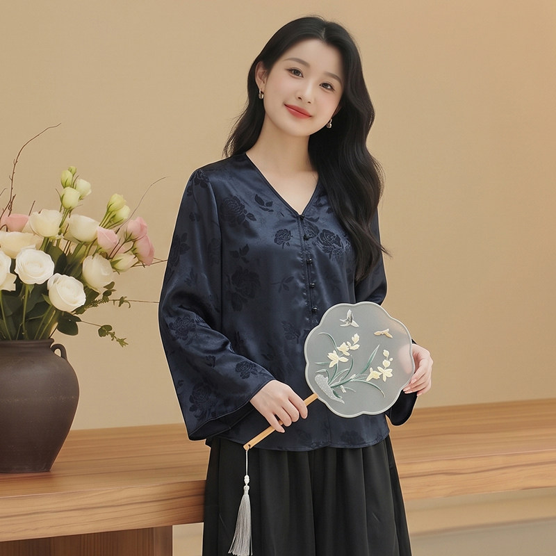 华族经典改良式V领上衣日常桑蚕丝新中式宽松休闲气质国风唐装女