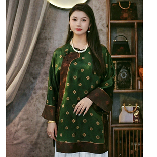 华族经典香云纱新中式上衣国风圆领国风盘扣唐装女中长款太太服夏