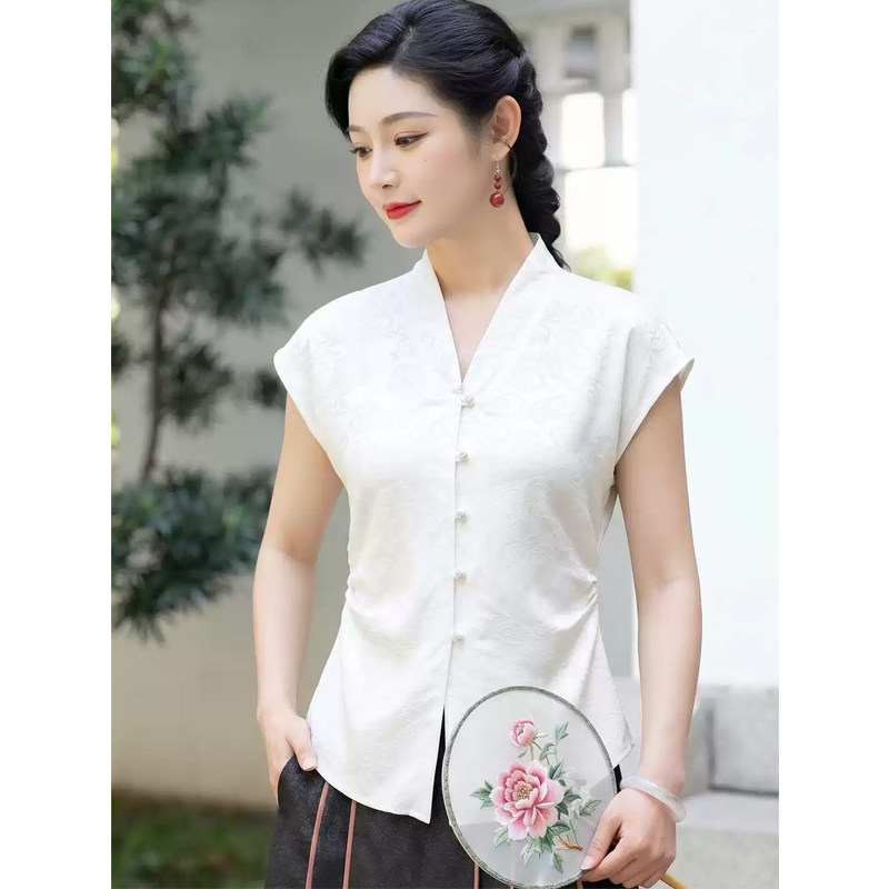 华族经典衬衫女夏季中式国风优雅透气花萝桑蚕丝坎肩短袖夏季上衣