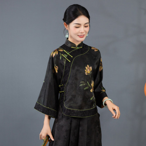 华族经典新中式唐装女装真丝香云纱开襟盘扣民国风旗袍上衣250438