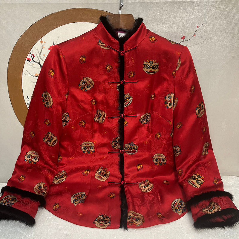 华族经典瑞狮喜迎中式女装夹棉加厚真丝香云纱对襟唐装上衣女秋冬
