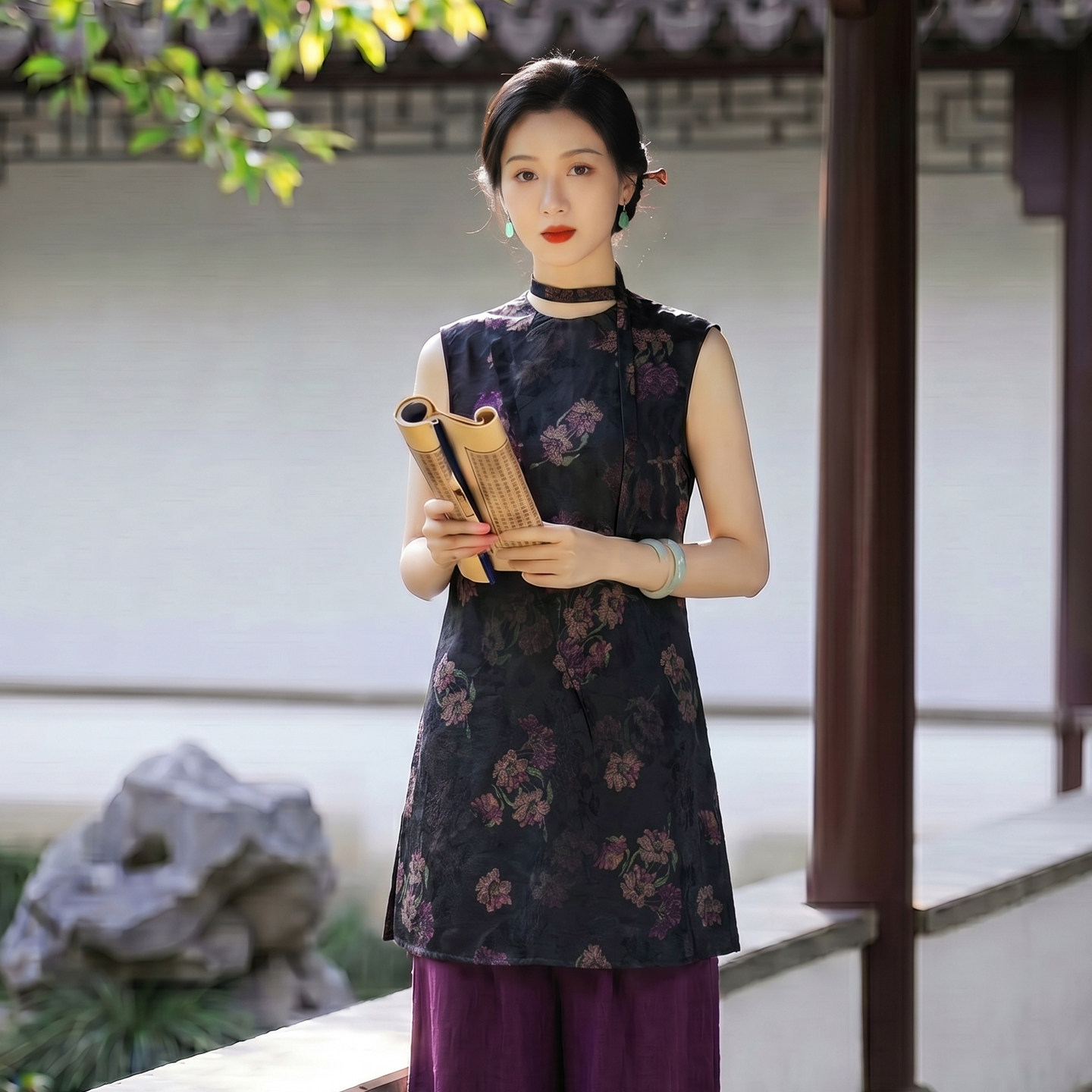 华族经典中长款唐装女香云纱气质优雅新中式国风无袖淑女旗袍上衣