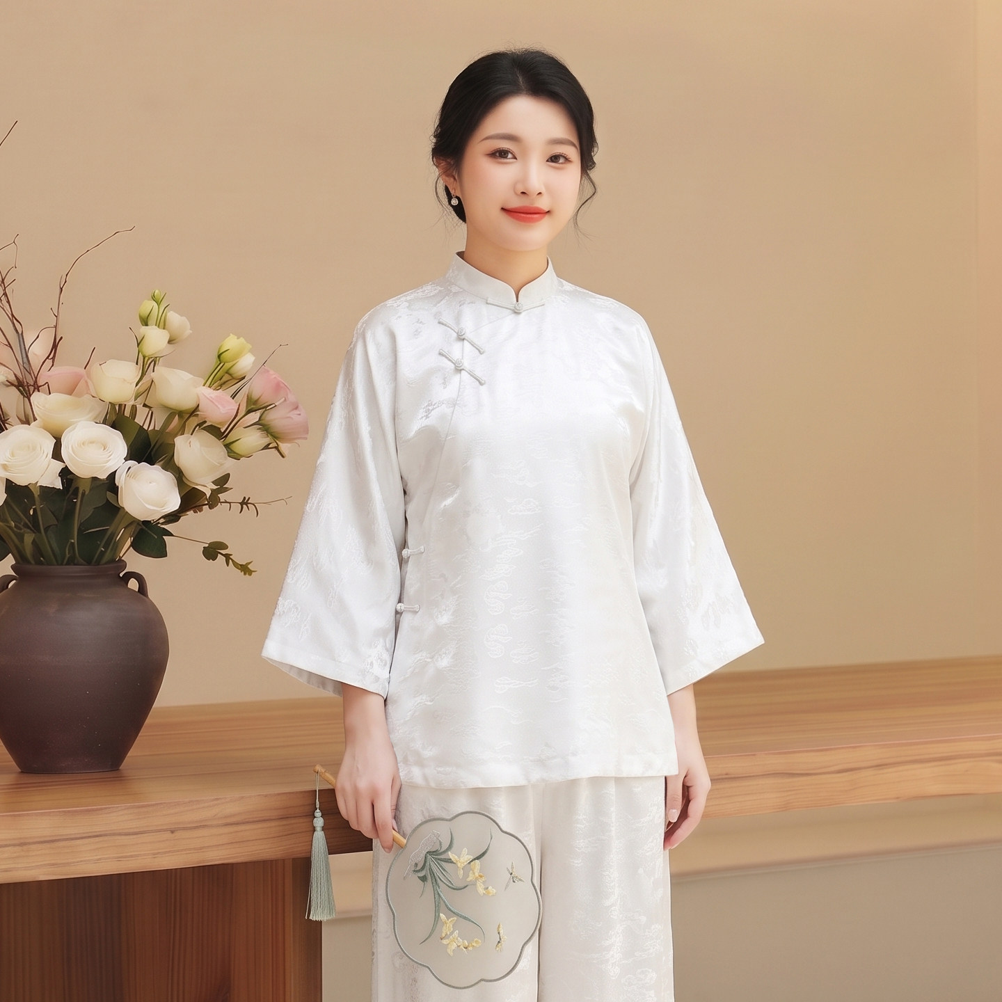 华族经典盘扣上衣桑蚕丝斜襟新中式国风开襟日常气质优雅唐装女