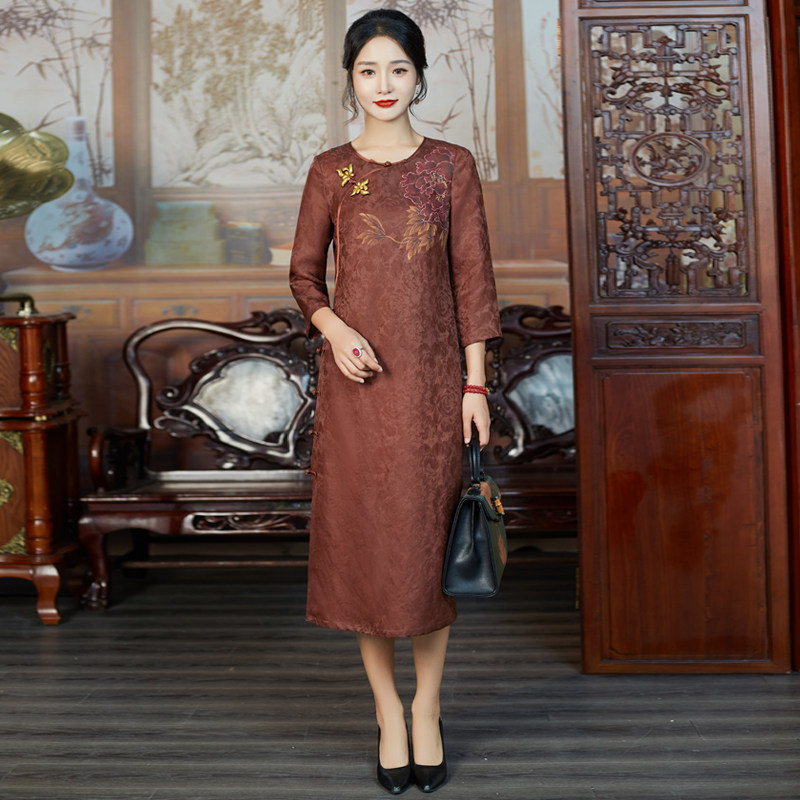 手绘定位花红云纱旗袍中长款女