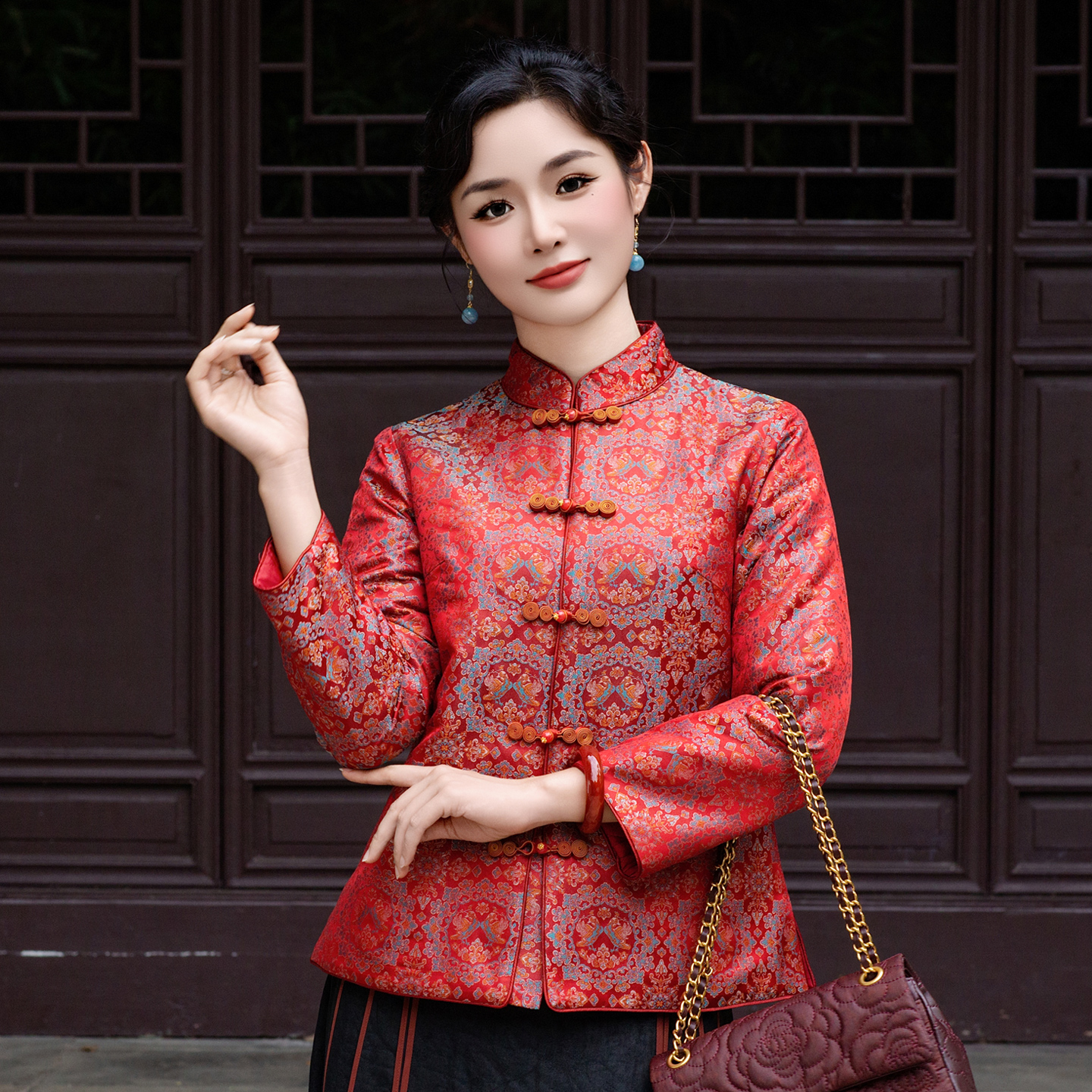 华族经典高端上衣桑蚕丝宋锦加厚夹棉红色新中式对襟唐装女251019