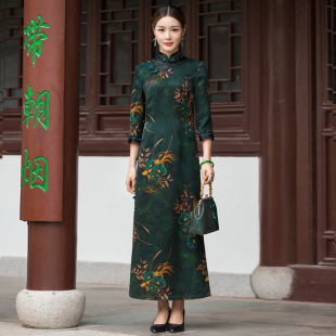 祺袍 女中袖 华族经典 墨香高端名牌旗袍花罗香云纱复古开襟优雅长款