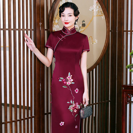 华族经典旗袍长款女中式复古气质名媛绣花手工高端大牌奢华原创夏