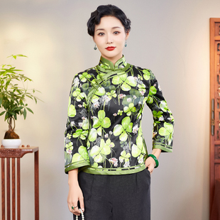 华族经典真丝桑蚕丝夹棉加厚中国风女装显瘦御苑闲花唐装旗袍上衣