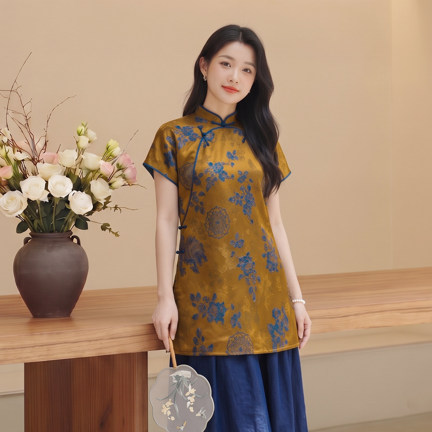 华族经典旗袍上衣桑蚕丝红云纱新中式盘扣短袖改良唐装女中长款