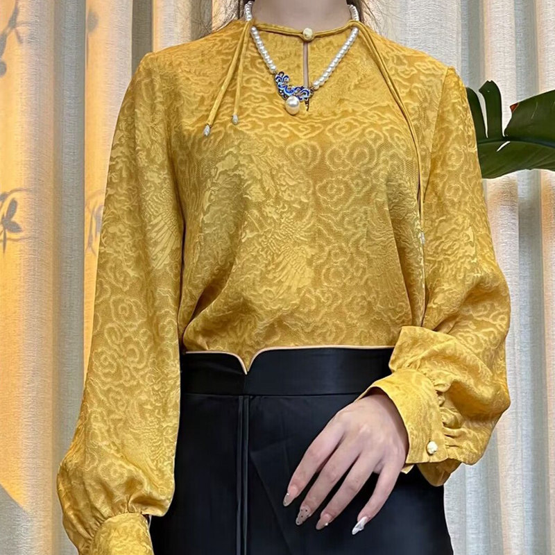 华族经典真丝国风上衣枝夏桑蚕丝圆领时尚宽松版舒适长袖唐装女