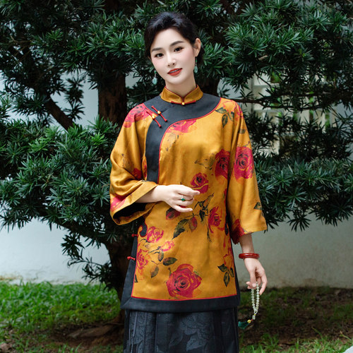 华族经典旗袍上衣新中式立领宽松常规款七分袖国风盘扣女装