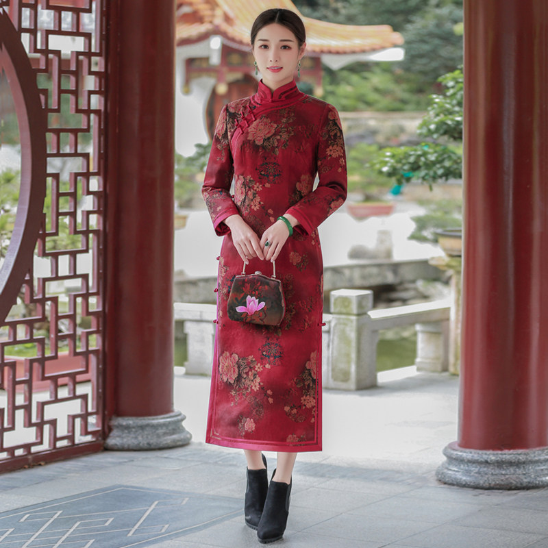 华族经典（红莲）花罗香云纱旗袍连衣裙夹棉加厚显瘦长袖优雅女