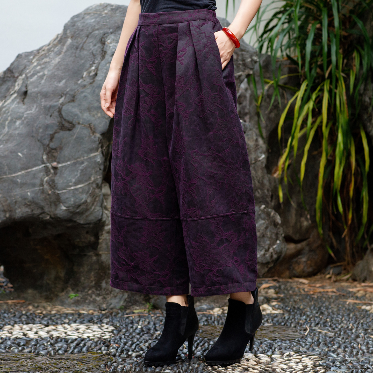 华族经典萝卜裤油丝香云纱双面穿高端宽松慵懒风花苞休闲裤250946