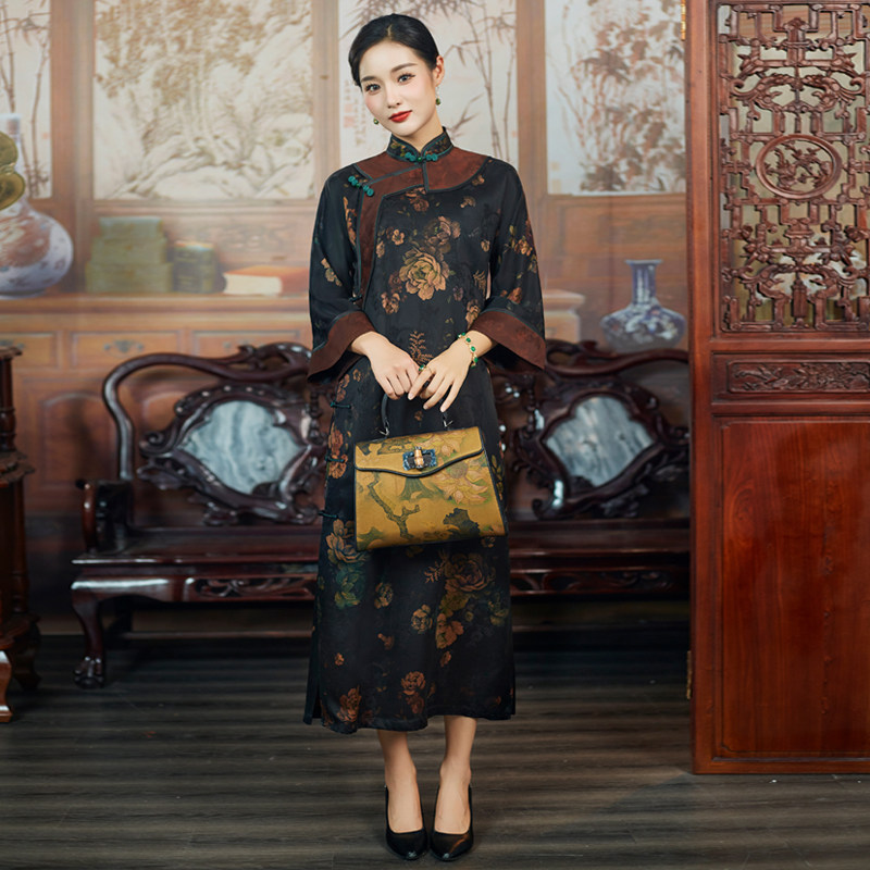 华族经典(秋叶飘香）高端真丝香云纱优雅高贵旗袍连衣裙长款长袖