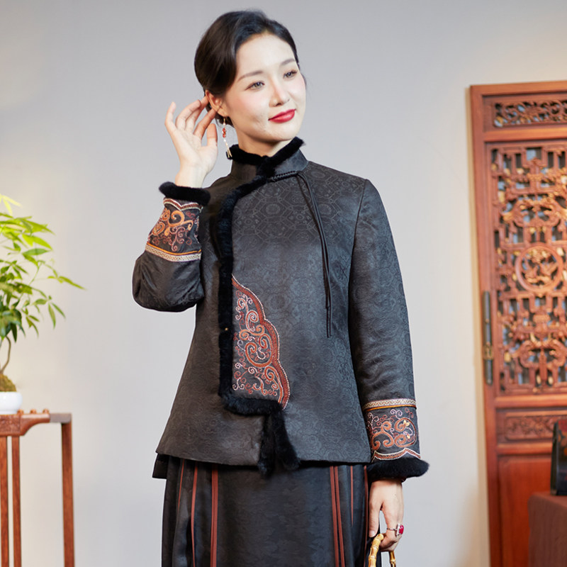 华族经典唐装女棉袄诗雨花蔓香云纱中式复古绣花毛领夹棉加厚上衣