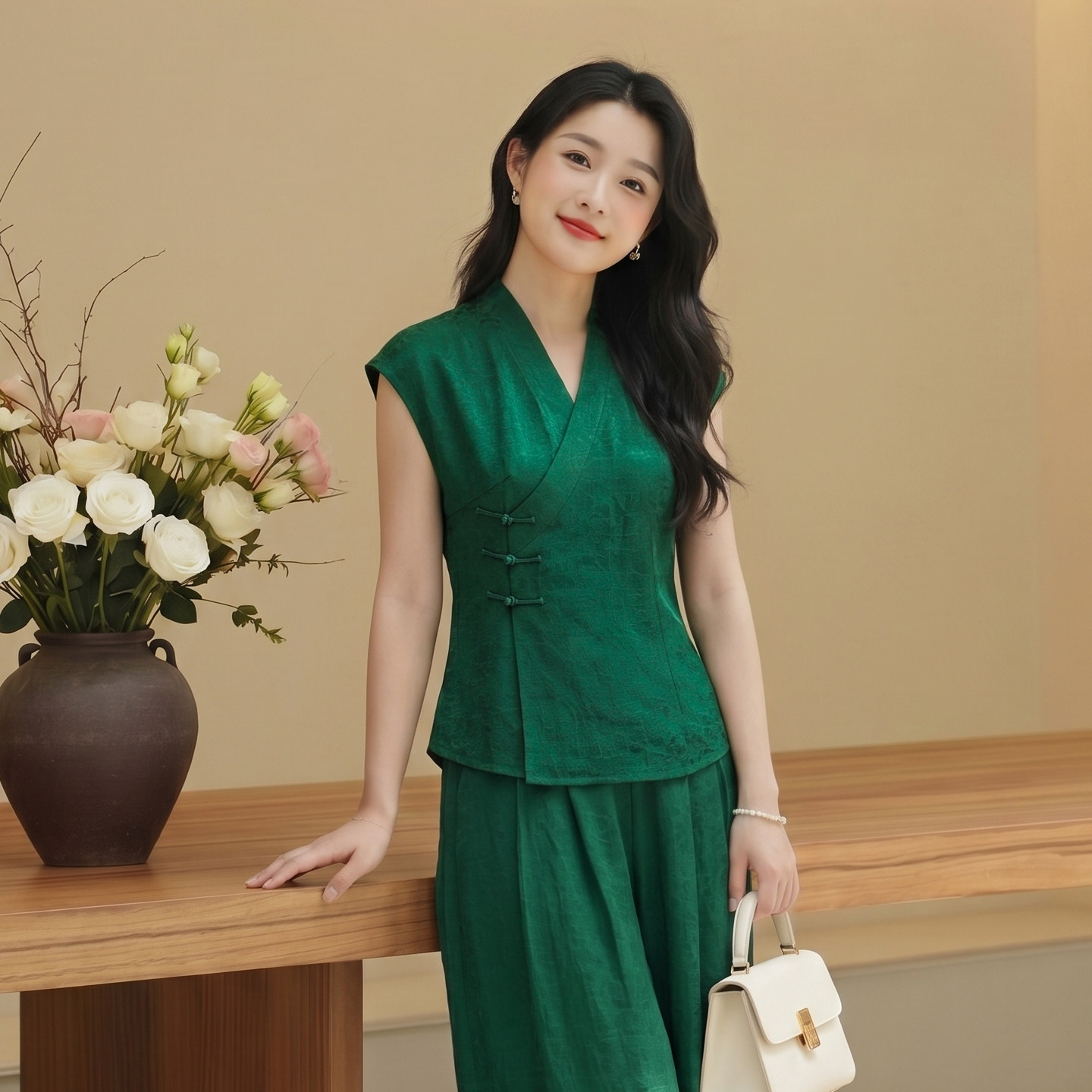 华族经典改良唐装女香云纱盘扣时尚优雅气质新中式V领汉服上衣夏