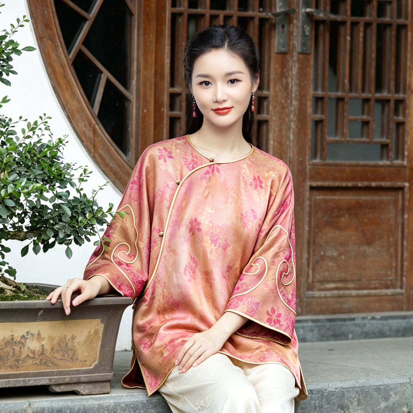 华族经典新中式上衣复古民国风高端桑蚕丝宽松优雅浮光锦唐装女夏
