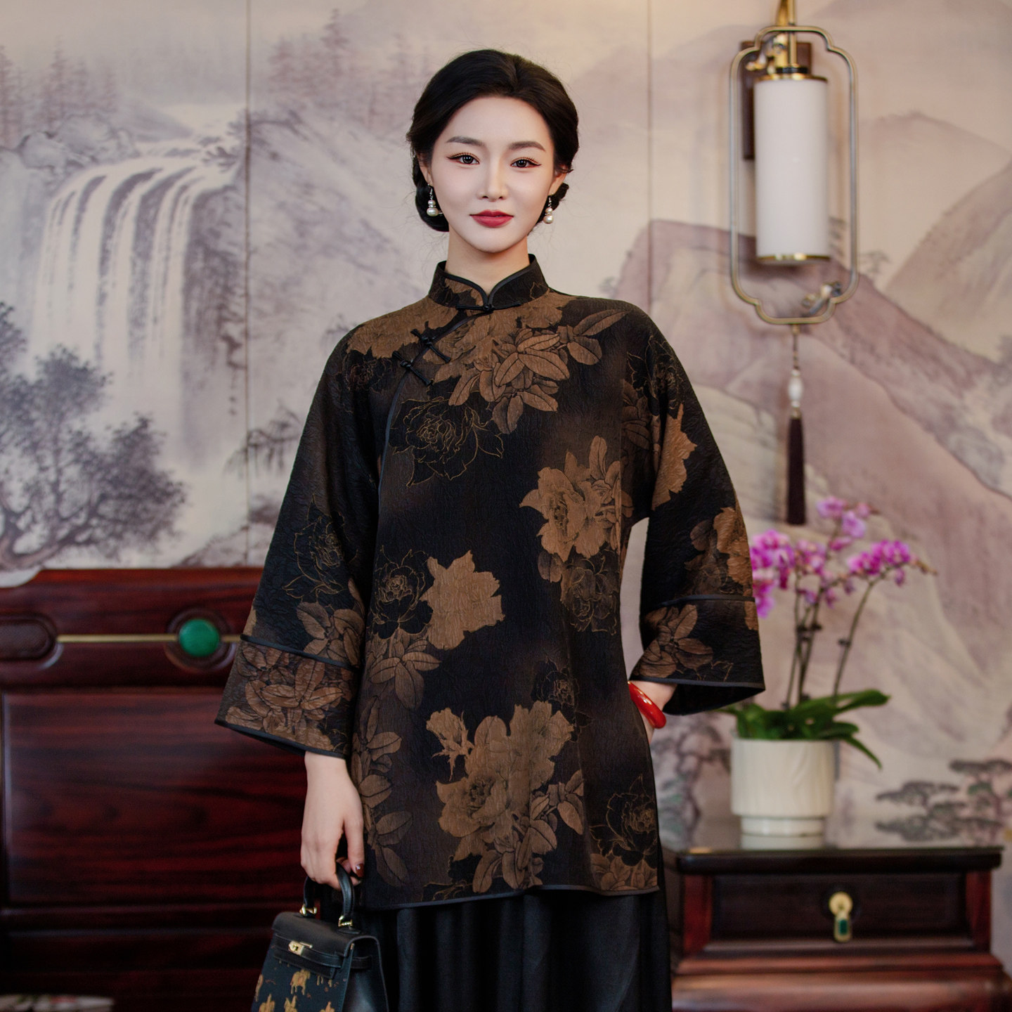 华族经典香云纱太太服中式复古气质淑女开襟唐装上衣中长款251132