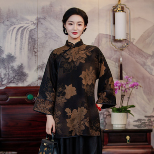 华族经典香云纱太太服中式复古气质淑女开襟唐装上衣中长款251132