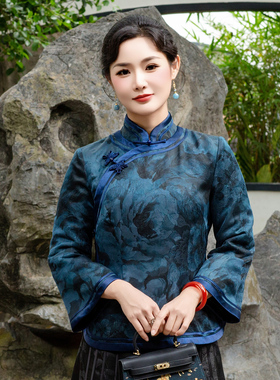 华族经典唐装女上衣夹棉加厚新中式桑蚕丝红云纱高端女装冬251013