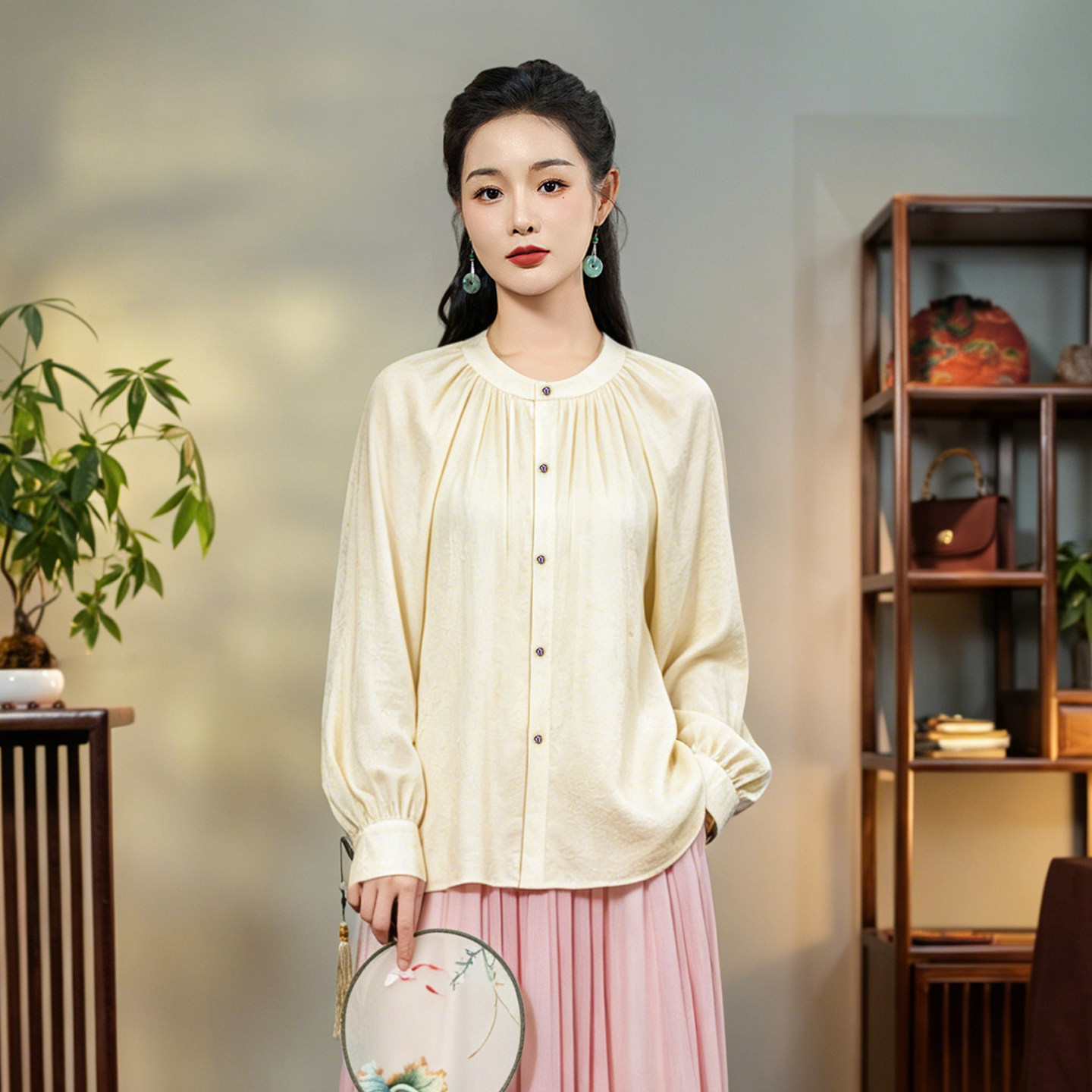 华族经典改良唐装女宽松桑蚕丝新中式国风舒适圆领上衣衬衫长袖