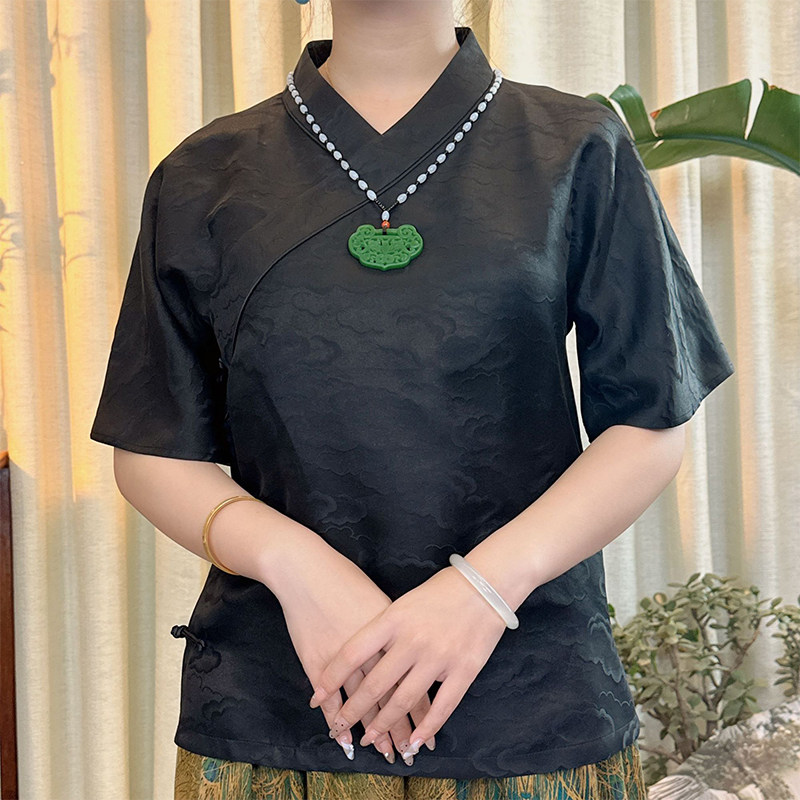 华族经典唐装女改良版香云纱汉服领中式国风言笑显瘦气质旗袍上衣