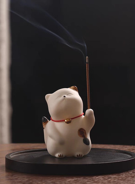 陶瓷手绘招财猫香薰炉摆件家用室内茶宠茶玩小猫可爱猫咪香插香座