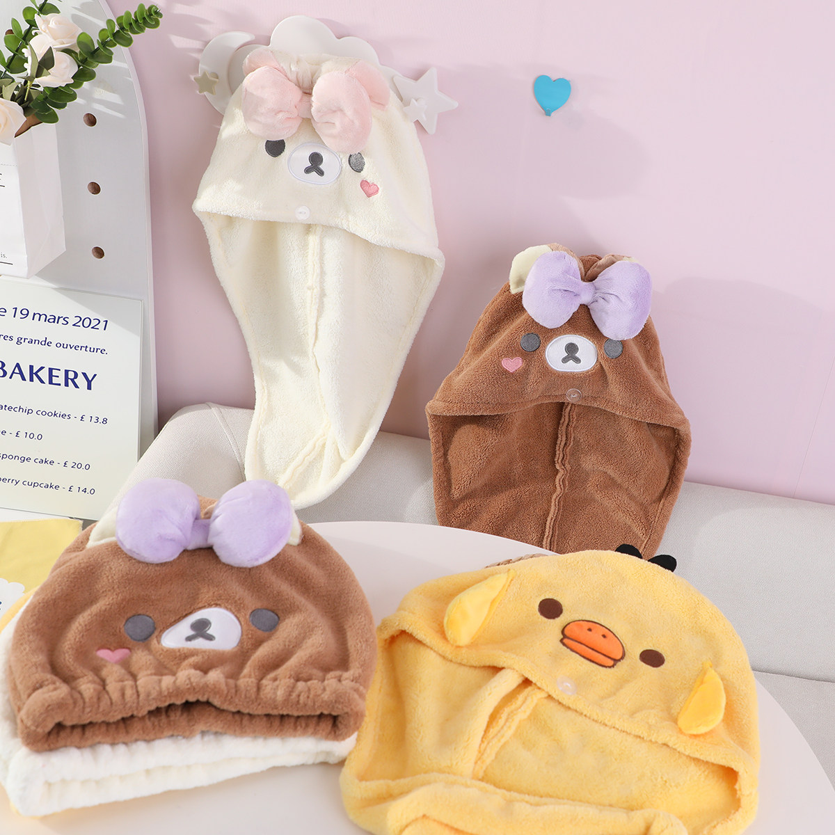 一件包邮小熊珊瑚绒干发帽加厚包头巾吸水干发巾沐浴裹头巾浴帽