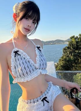 可爱少女小清新甜美蕾丝条纹碎花蝴蝶结绑带性感裙式比基尼荷叶边
