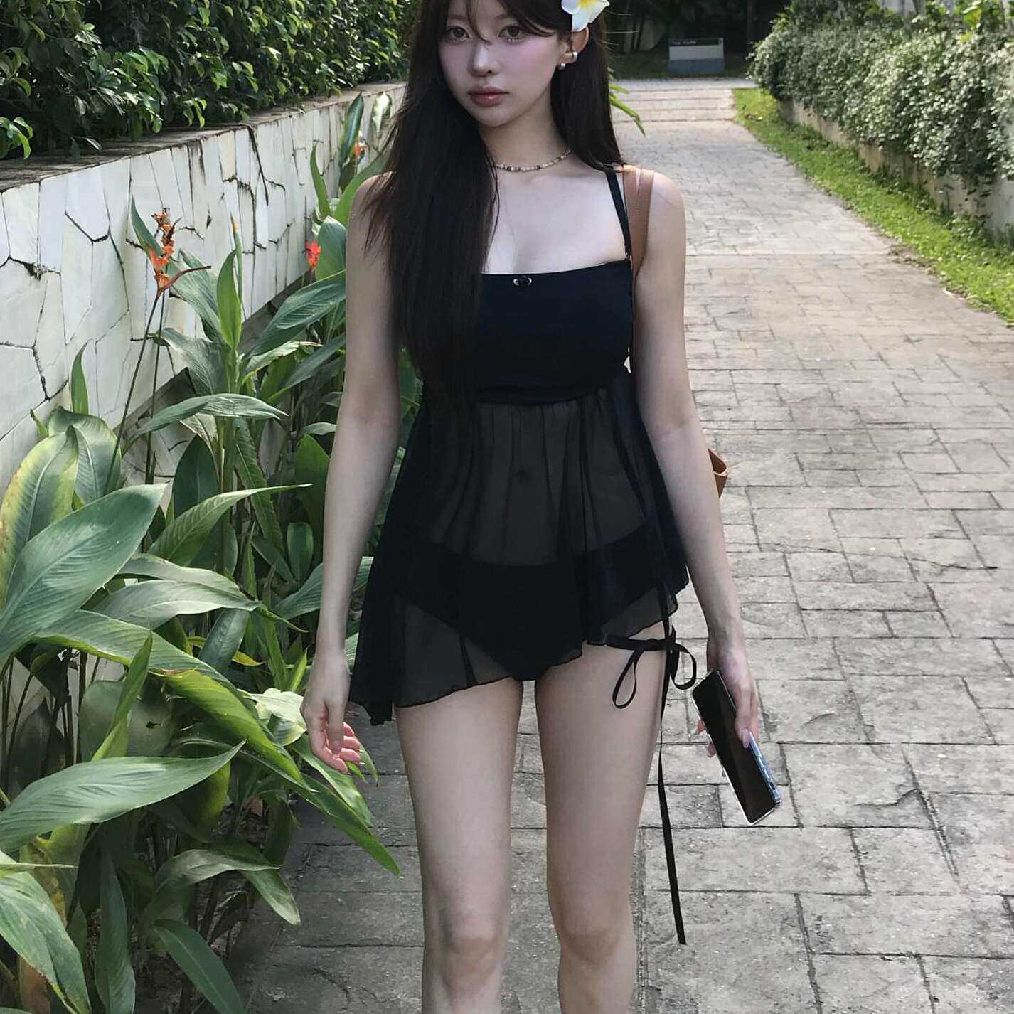黑色透明薄纱分体泳衣女三角裙式沙滩度假风遮肉显瘦海边拍照度假