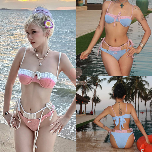 泰国夏日甜妹粉蓝撞色性感比基尼