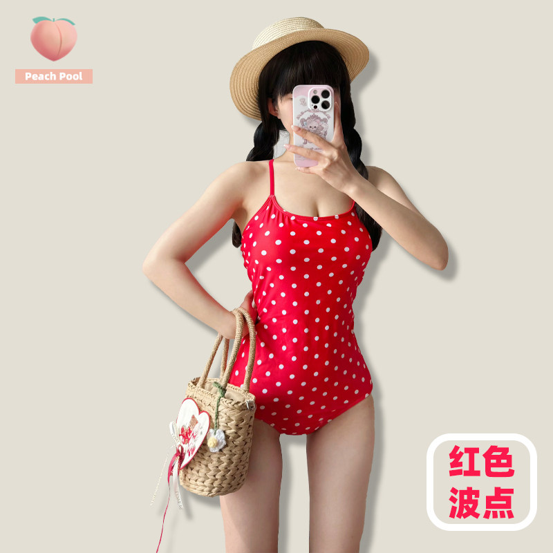 可爱少女红色波点性感连体泳衣