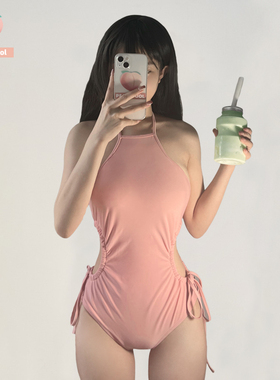 韩国粉色性感辣妹挂脖绑带腰部镂空小胸聚拢遮肉显瘦连体泳衣女