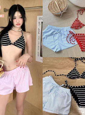 小清新条纹性感辣妹风绑带小胸聚拢度平角沙滩裤保守假温泉比基尼