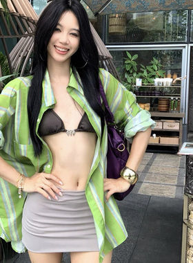 多巴胺风绿色条纹衬衫撞色比基尼女分体裙式小胸三件套度假风温泉