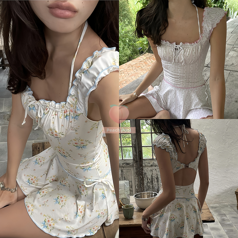 法式田园风印花连体泳衣