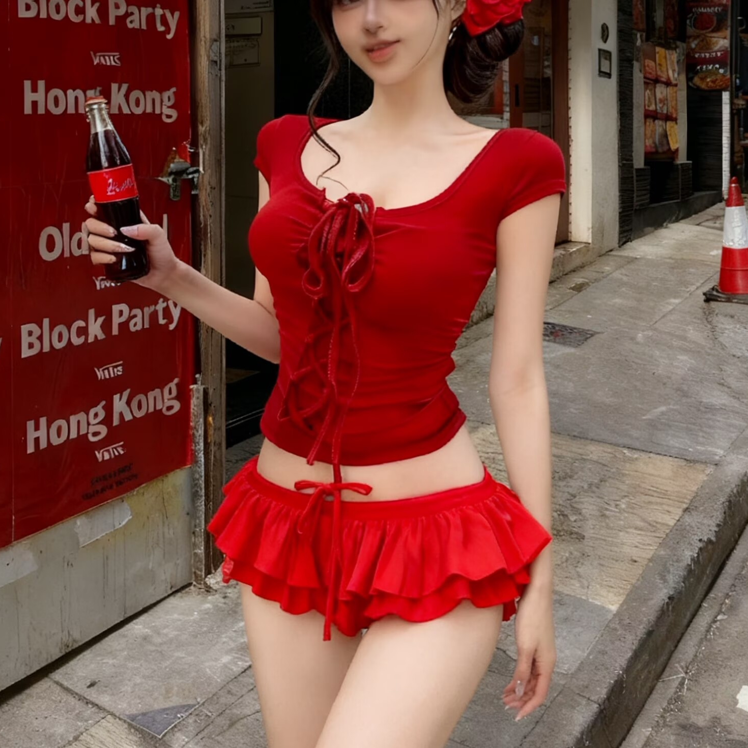 【特别鲜艳】可爱少女大红色性感辣妹三件套裙式比基尼女度假泳装