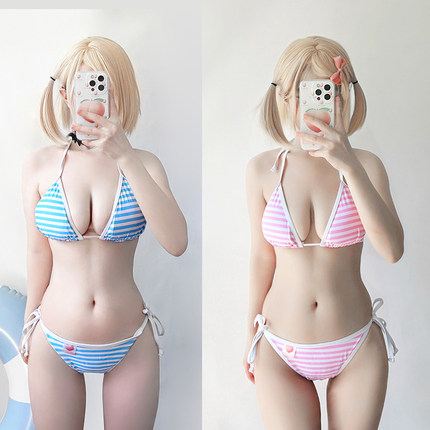 日系二次元动漫可爱少女纯欲蓝白碗条纹写真性感比基尼分体泳衣女