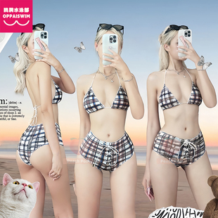 Jenny同款日系复古格子清新少女纯欲风辣妹性感比基尼三件套度假