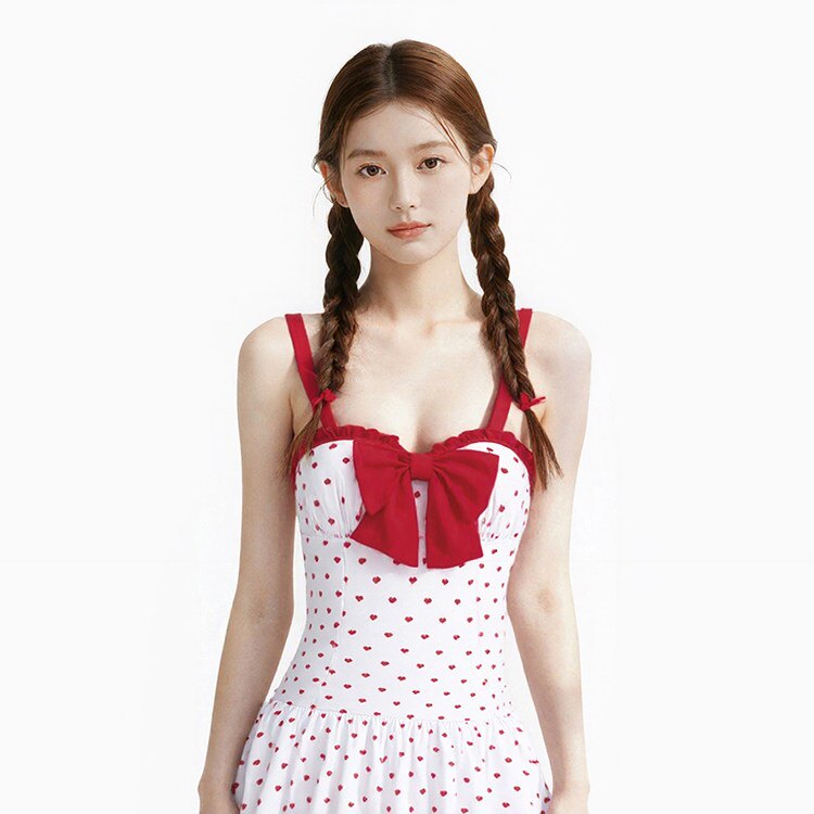 【白草莓波点】纯欲甜美少女蝴蝶结吊带连体泳衣修身温泉裙式泳装