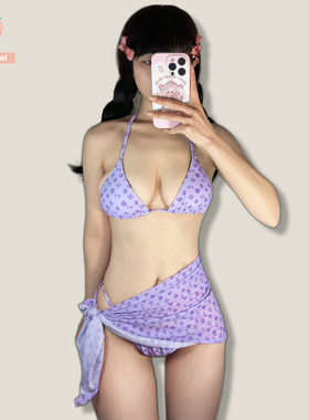 日系可爱少女纯欲复古性感紫色绑带欧美辣妹三件套比基尼泳衣女