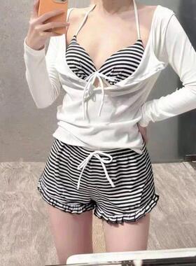 泳衣女新款黑白条纹比基尼女分体平角裤三件套小胸聚拢泡温泉泳装