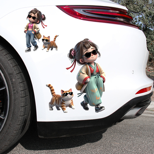 治愈系女孩猫咪贴纸电动车汽车遮瑕防水贴画墙上门窗可爱贴纸自粘