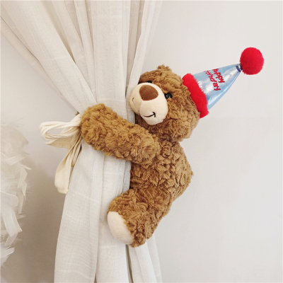 ins可爱生日帽小熊玩偶公仔窗帘绑带儿童房装饰家居窗帘扎带捆绳