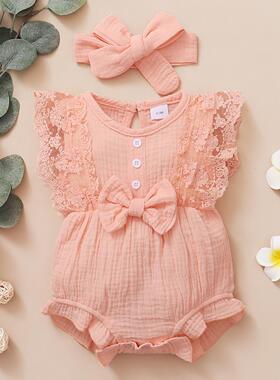0-18 Months Newborn Baby Girl Plain Soft Bodysuit Lace Flare