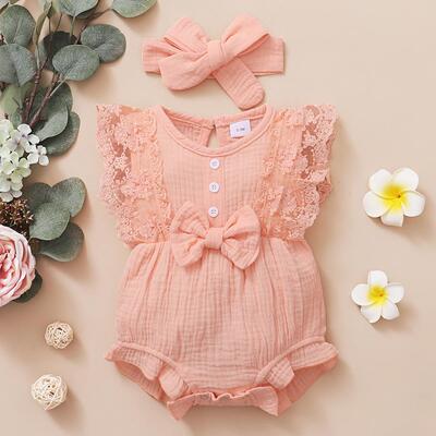 0-18 Months Newborn Baby Girl Plain Soft Bodysuit Lace Flare