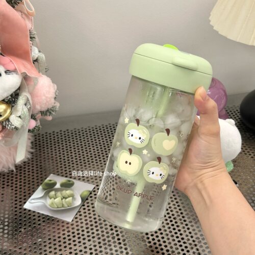 小清新苹果玻璃水杯吸管杯大容量