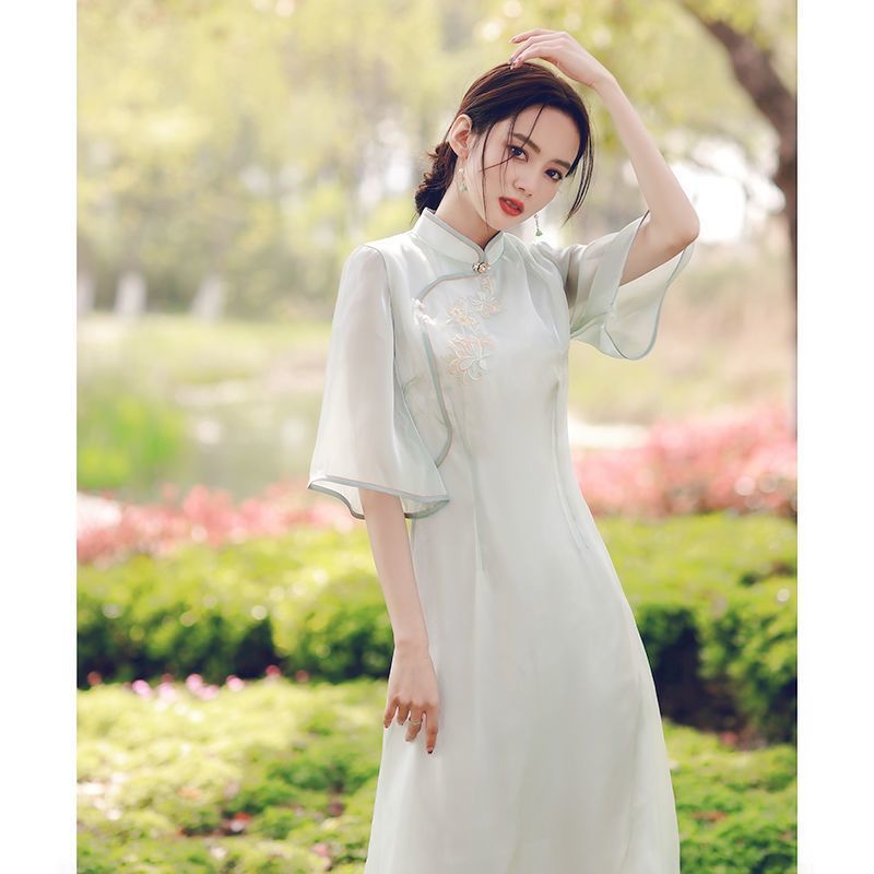 新中式国风改良旗袍连衣裙女夏季2024新款收腰显瘦高级感法式长裙