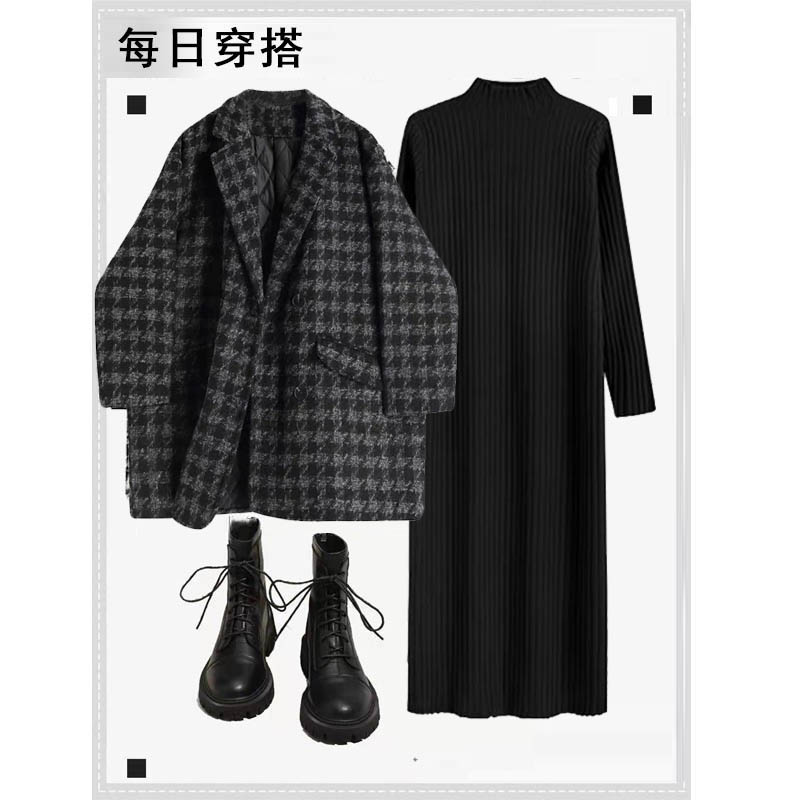 秋装微胖显瘦高级感毛呢大衣外套小个子搭配显瘦针织连衣裙两件套