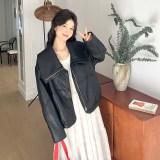 黑色好看高级感娃娃领机车皮衣夹克女春新款小个子休闲显瘦短外套，女装皮衣，浙宝165
